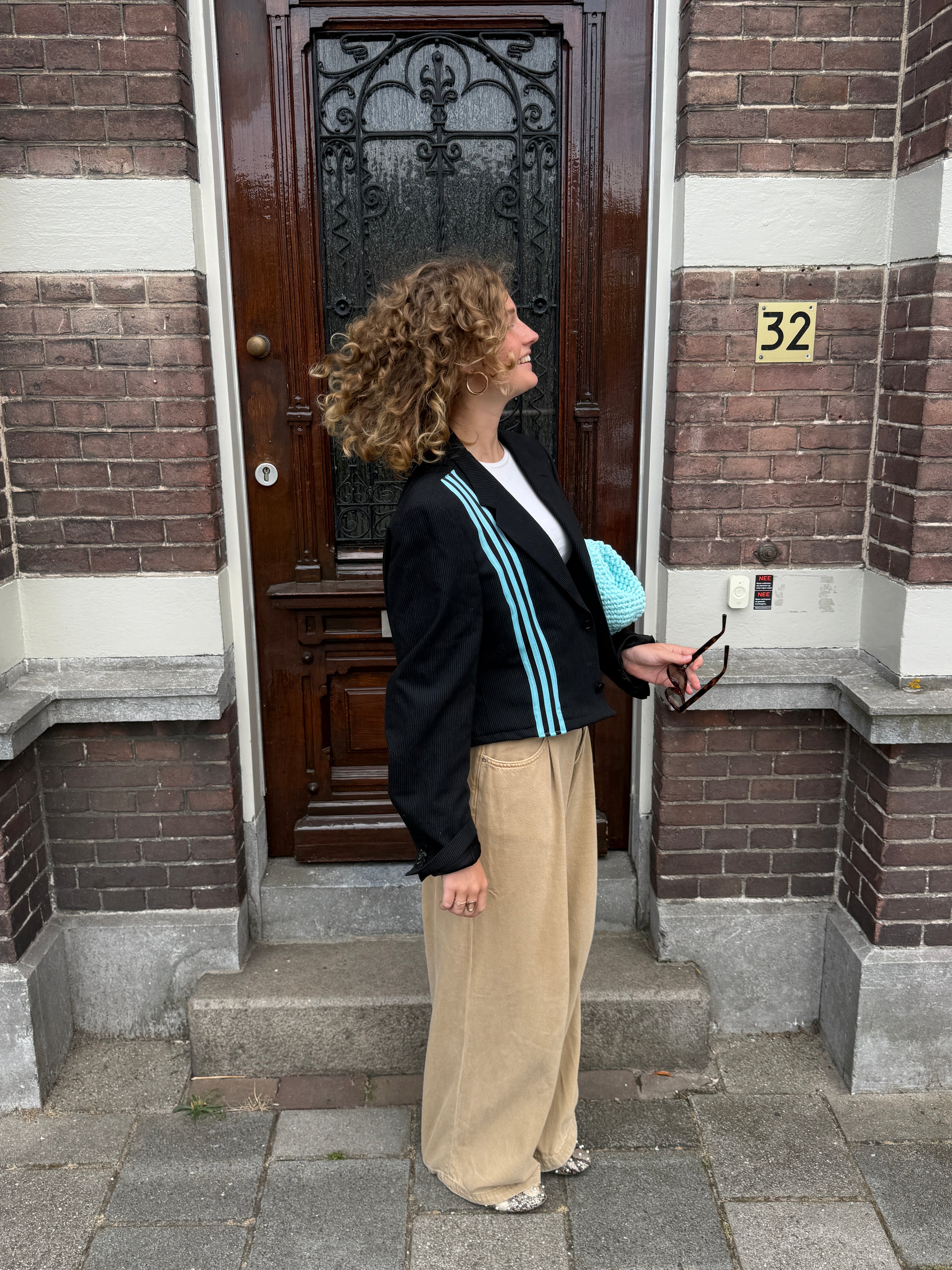 Turquoise gestreepte blazer (cropped)