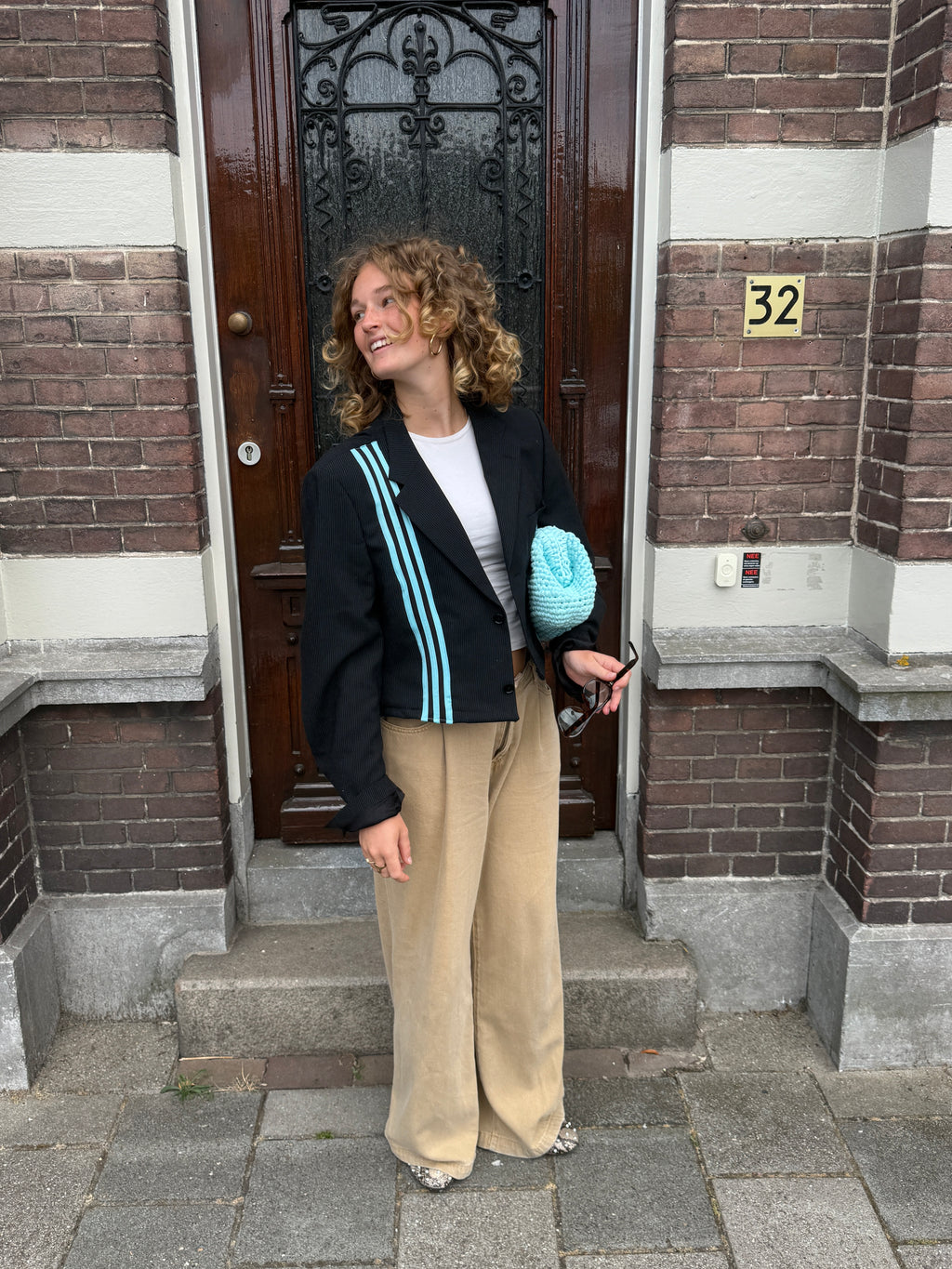 Turquoise gestreepte blazer (cropped)