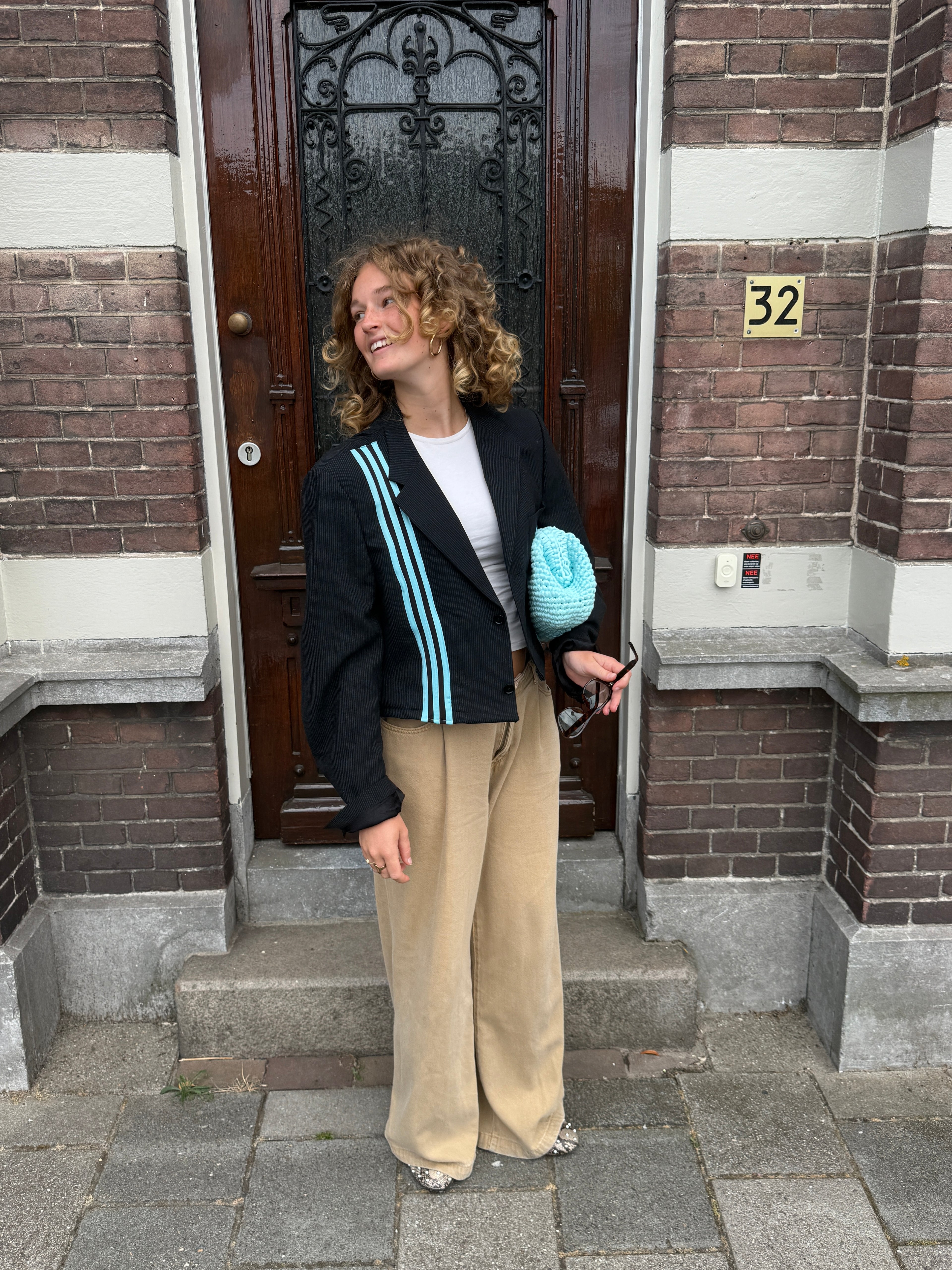 Turquoise gestreepte blazer (cropped)