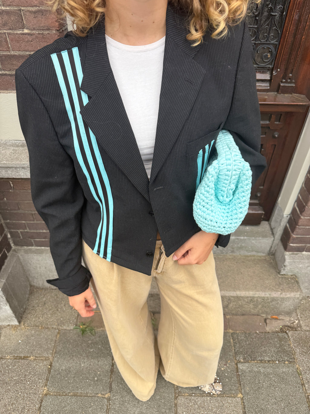 Turquoise gestreepte blazer (cropped)